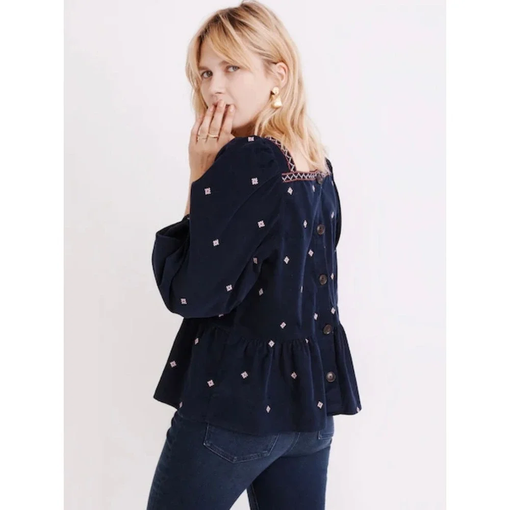 Madewell Embroidered Corduroy Button-Back Peplum Top Navy Puff Sleeve Small